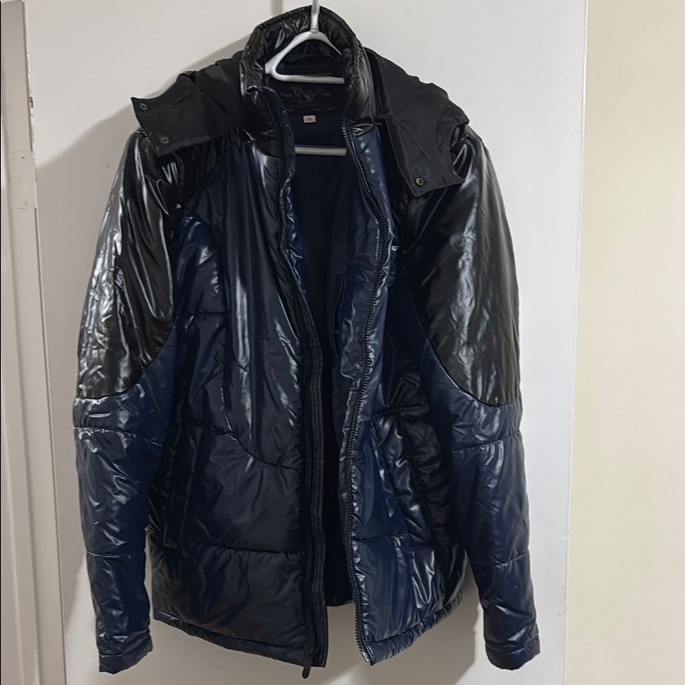 True Religion Blue Puffer Jacket with High Collar and Quilted Design